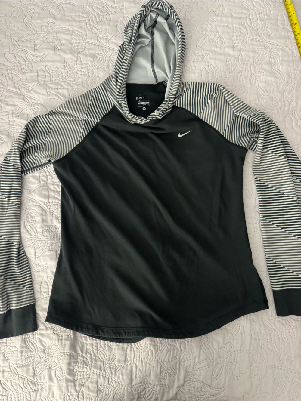 Nike Women’s Black Hoodie V-Neck Sweater with White and Black Striped Sleeves